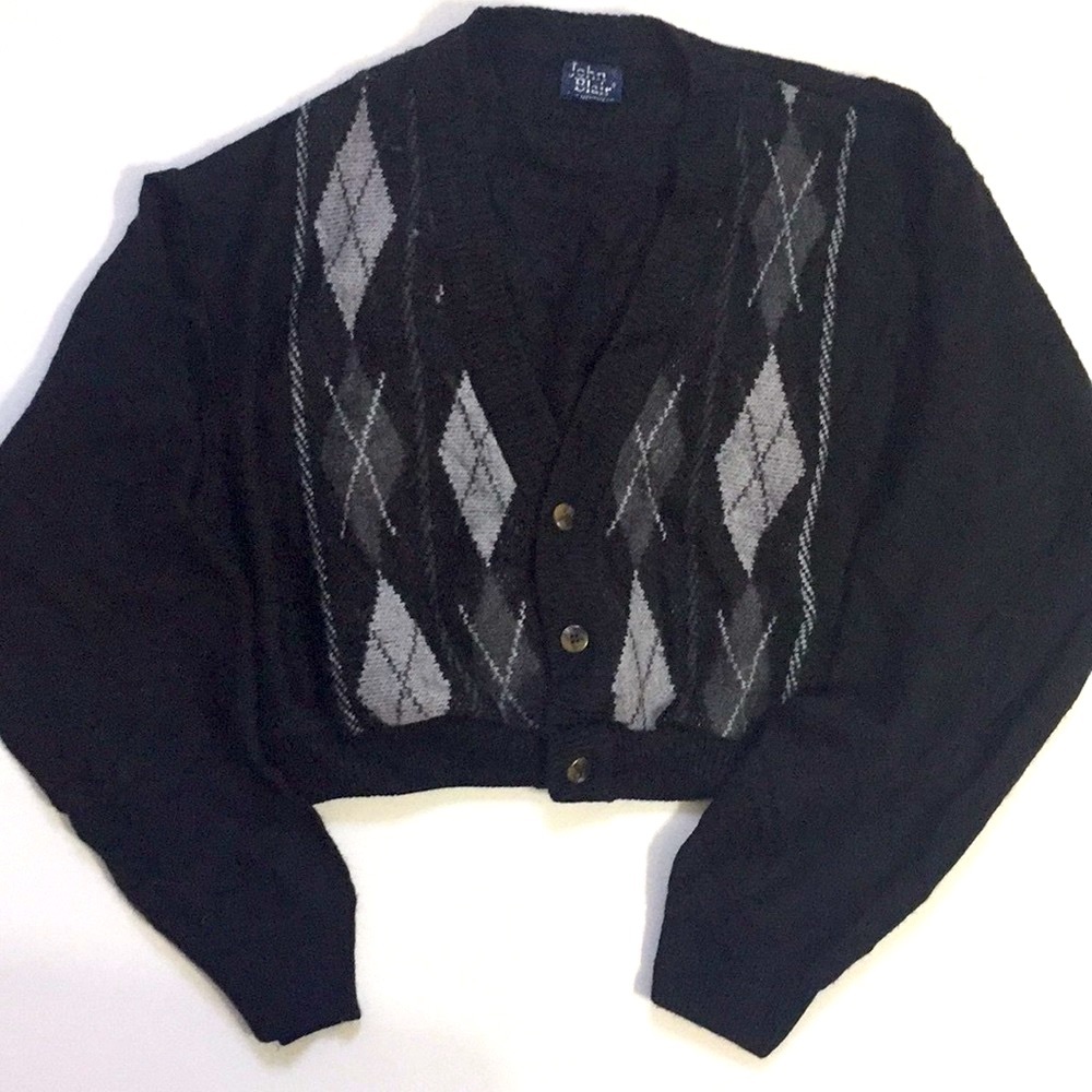 Black Plaid Cropped Button Down Sweater Cardigan